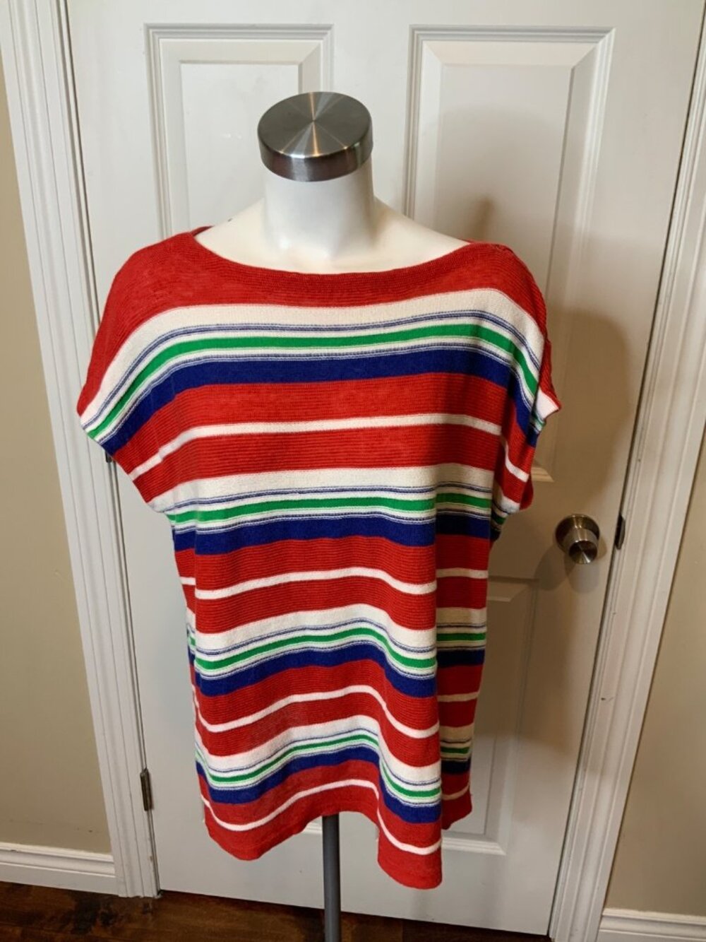 Lauren Ralph Lauren Multicolor Striped Knit Lace-Up Shoulder Top, Size 1X